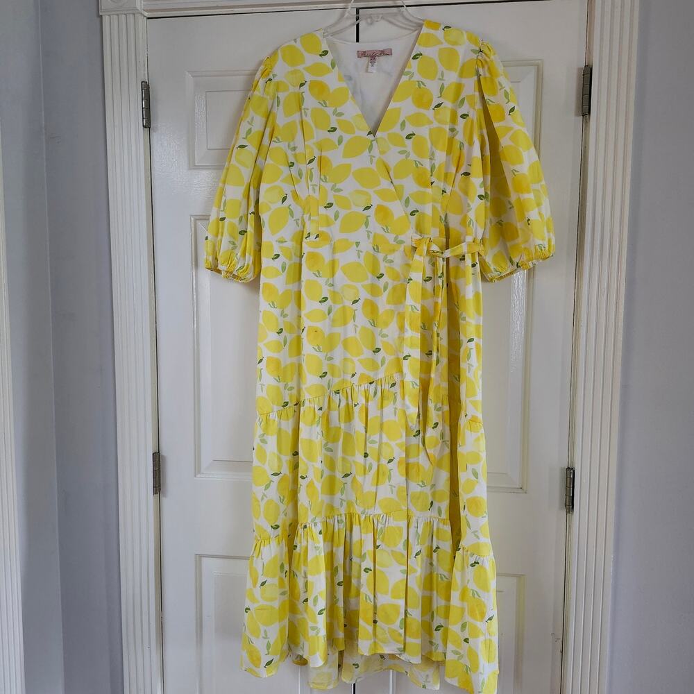 Hutch Anthropologie v-neck tiered wrap midi dress yellow lemon print sz 2X